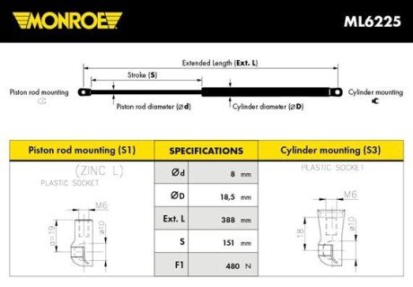 Амортизатор капота monroe ML6225 на Ауди А4 б8