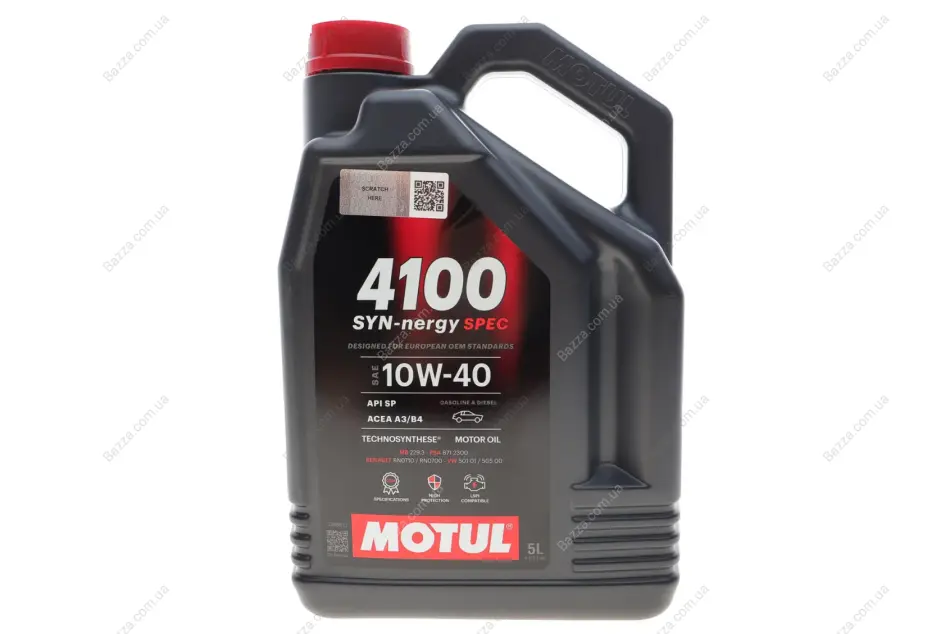 112892 Олива двигуна 5L 4100 Synergie Spec SAE 10W40 (ACEA A3/B4, API SP MB 229.3 PSA B71 2300 RN 0700/RN 0710 VW 501 01/505 00) motul 387706
