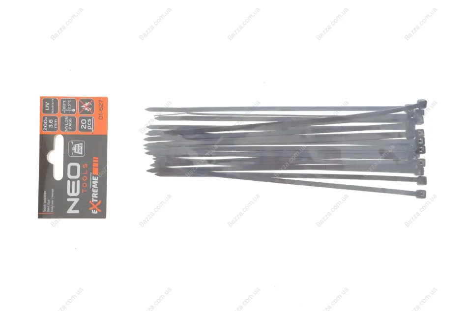 Стяжки кабельні EXTREME 3,6 × 200 мм, чорні, 20 шт. NEO TOOLS 01627