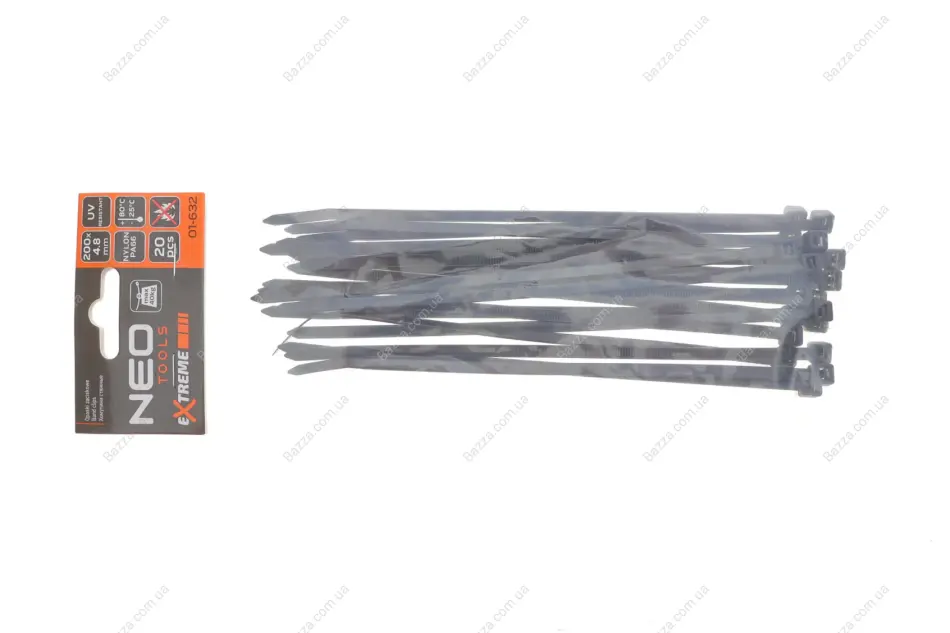 Стяжки кабельні EXTREME 4,8 × 200 мм, чорні, 20 шт. NEO TOOLS 01632