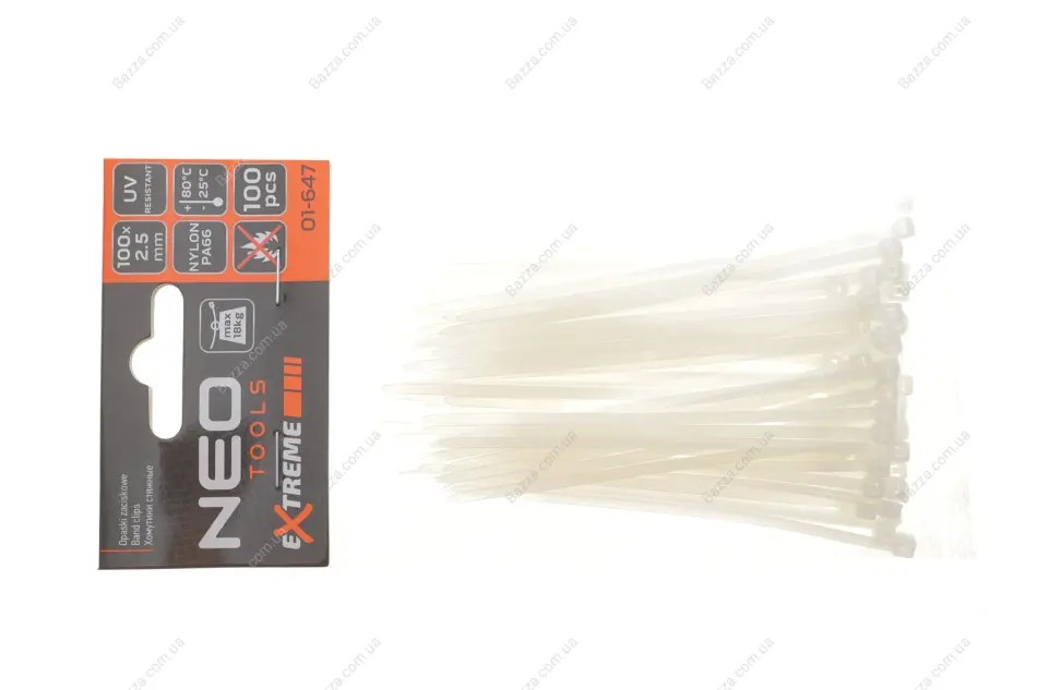 Стяжки кабельні EXTREME 2,5 × 100 мм, білі 100 шт. NEO TOOLS 01647