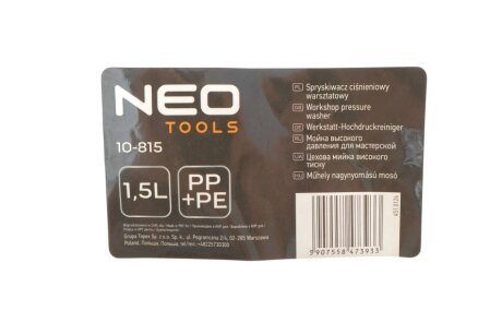 Мийка високого тиску для майстерень 1,5 л neo tools 10815