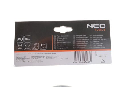 Шланг напірний спіральний 8,0 х 12 мм, 15 м, ПУ neo tools 120761