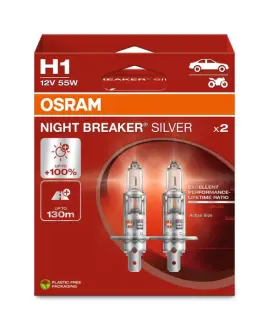 Лампа фарна H1 12V 55W P14,5s NIGHT BREAKER SILVER (+100) компл (вир-во OSRAM) Osram 64150NBS2HB