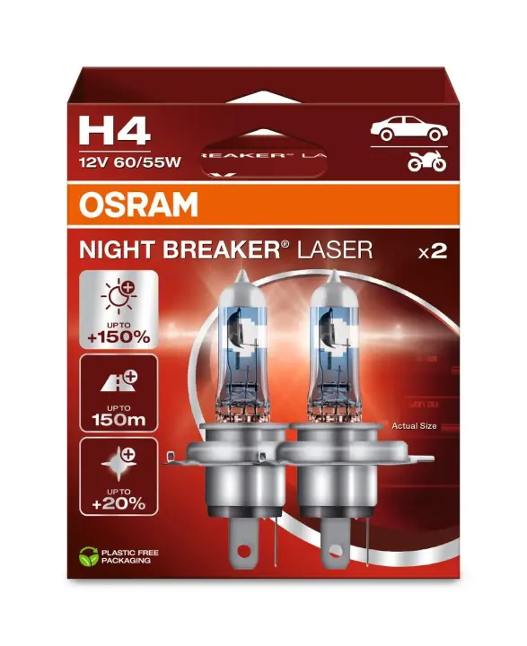 Лампа (Набір 2шт) H4 12В 60/55Вт P43T (EN) up to 150% greater brightness (EN) up to 150m light beam (EN) up to 20% whiter light Night Breaker Laser, Білий Osram 64193NL2HB (фото 1)