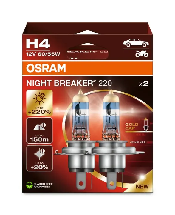 ЛАМПА H4 P43t 12V 60/55W NIGHT BREAKER +220% DUO BOX Osram 64193NB2202HB (фото 1)