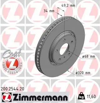 Вентилируемый тормозной диск otto zimmermann gmbh 200.2544.20