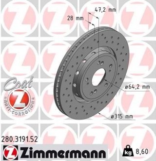 Вентилируемый тормозной диск otto Zimmermann GmbH 280.3191.52