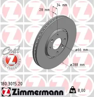 Вентилируемый тормозной диск otto zimmermann gmbh 180.3015.20
