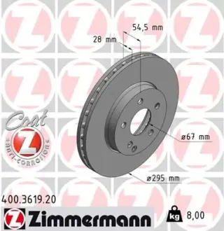 Вентилируемый тормозной диск otto zimmermann gmbh 400.3619.20