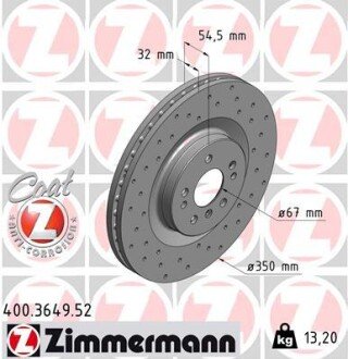 Вентильований гальмівний диск otto Zimmermann GmbH 400.3649.52 на Мерседес Gl x164