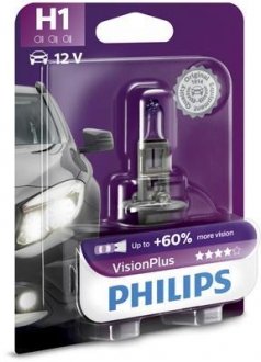 Лампа H1 12V 55W P14.5S VisionPlus (+50% more light) упаковка блістер philips 12258VPB1