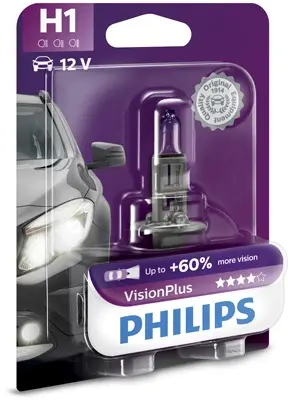Лампа H1 12V 55W P14.5S VisionPlus (+50% more light) упаковка блістер philips 12258VPB1