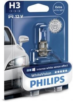 Лампа H3 12V 55W PK22s White Vision +60% 4300K упаковка блістер philips 12336WHVB1