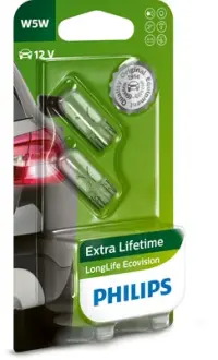 Лампа накаливания W5W 12V 5W W2,1X9,5d LongerLife EcoVision 2шт blister (пр-во) philips 12961LLECOB2