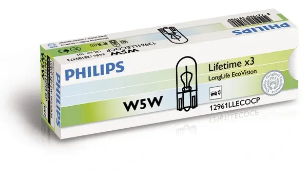 Лампа накаливания W5W 12V 5WW2,1X9,5d LongerLife EcoVision (пр-во) Philips 12961LLECOCP (фото 1)
