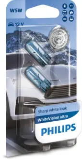 Лампа накаливания W5W WhiteVision ultra 12V 5W W2,1x9,5d (+60) (3300K) 2шт. blister (пр-во) Philips 12961WVUB2