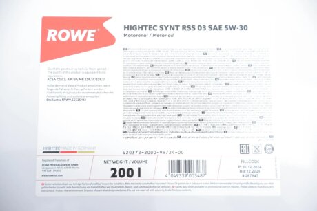 Олива моторна HIGHTEC SYNT RSS 03 SAE 5W-30 (200 L) rowe 20372200099
