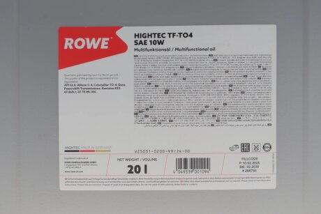 Олива трансмісійна HIGHTEC TF-TO4 SAE 10W (20L) rowe 25031020099