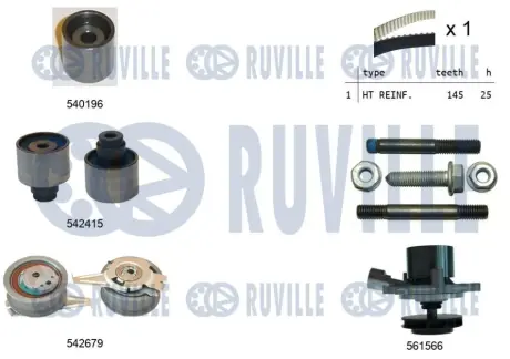 RUVILLE AUDI к-кт. грм. (ремень+3 ролика+ не переключаемая помпа+крепление) A1/3/4/5/6,Q2/3/5, Skoda Octavia III, Rapid, SuperB III,Arteon,Caddy IV,Golf VI,VII, Passat,Tiguan,Sharan,T 6 1.6/2.0TDI 12- Ruville 5503761