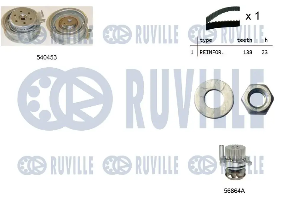 RUVILLE AUDI К-т ГРМ (помпа+рем.+ролик+крепление) 1,6 A3/A4 VW Golf IV 1,6/2,0Skoda 1,6/2,0 Seat ruville 5500132