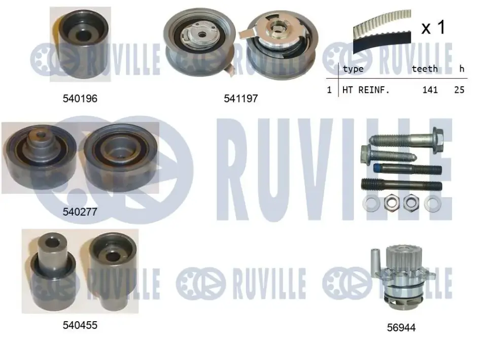 RUVILLE AUDI К-т ГРМ (рем.+4шт.ролика+помпа+крепление) A3 1,9TDI 96-01 VW 1,9TDI/SDI: Golf IV, Polo SKODA SEAT Ruville 5500591 (фото 1)