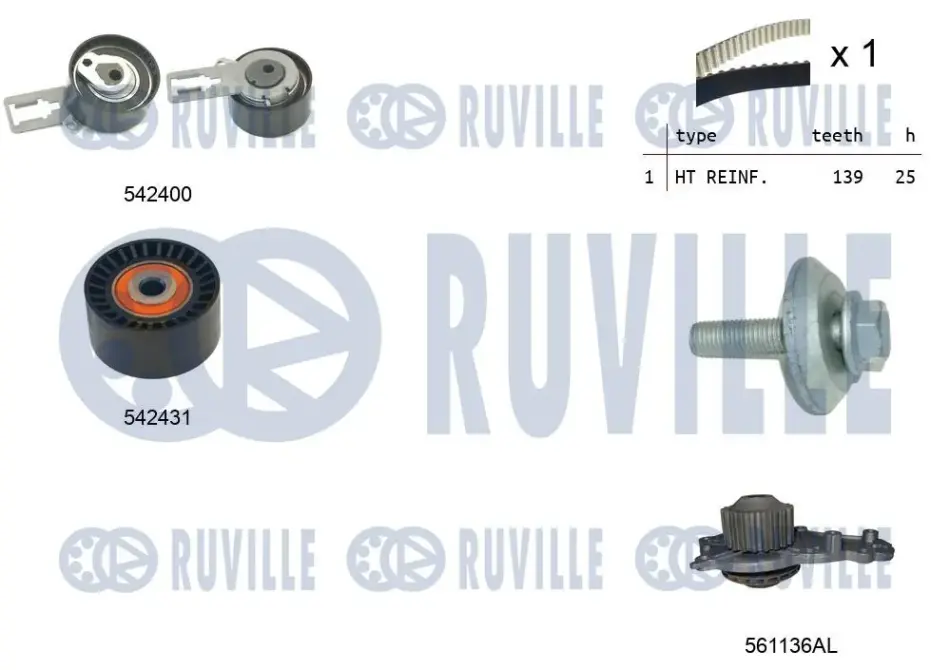 RUVILLE CITROEN К-кт ГРМ (помпа+ремень+2 ролик) C3 II (SC_) 1.4 09-, DS3 (SA_) 1.4 10-, PEUGEOT Ruville 5503791 (фото 1)