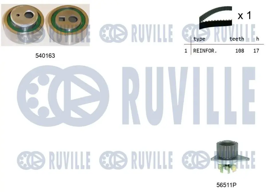 RUVILLE CITROEN К-кт ГРМ (помпа + ролик + ремень) BERLINGO 1.4i 96-11, PEUGEOT 106 I (1A, 1C) 1.3 93-96, 206 SW 1.4 02-07 ruville 5503281