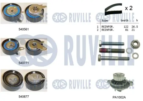 RUVILLE К-кт. ГРМ. (2шт ГРМ + 3шт ролики + крепление+ помпа воды) VW LT, T4 2.5 TDI ruville 5503851