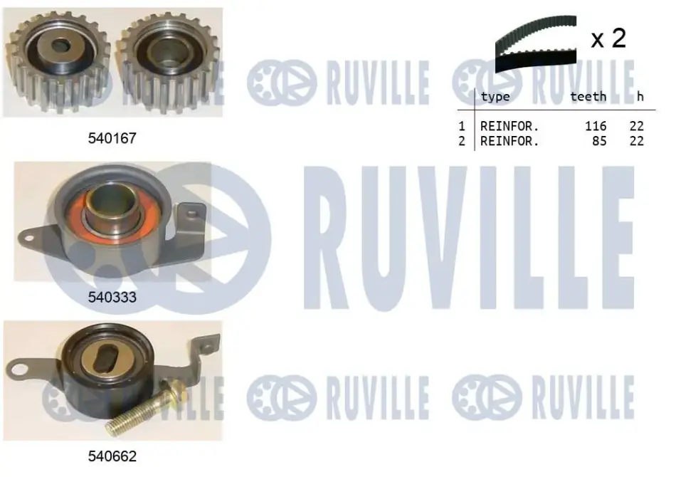 RUVILLE К-кт. ГРМ (2шт. рем.+3шт. ролика+крепление) FORD 1,8D/TD: Escort, Fiesta, Sierra 89-01 ruville 550011