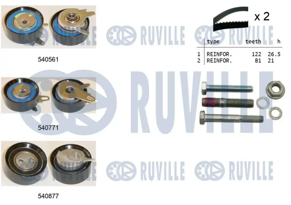 RUVILLE К-т ГРМ (2шт ремня ГРМ + 3шт ролики + крепление) VW LT, T4 2.5 TDI ruville 550385