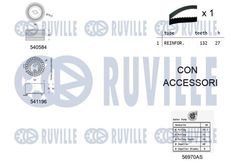 RENAULT К-т ГРМ (ремень+ 2 ролика+помпа+ крепление) Kangoo 1.6, Megane 1.6 01- ruville 5501091