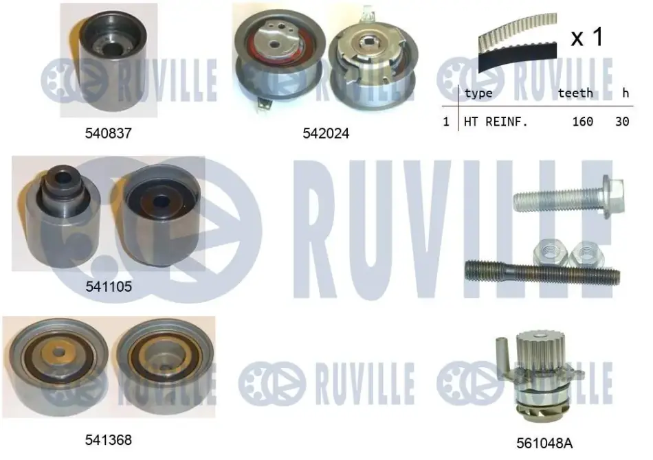 RUVILLE VW К-кт ГРМ (помпа+ рем. + 4 ролика натяжения +крепл.) Golf,Passat,Audi 2.0TD ruville 5503051