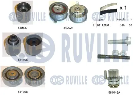 RUVILLE VW К-кт ГРМ (помпа+ рем. + 4 ролика натяжения +крепл.) Golf,Passat,Audi 2.0TD ruville 5503051