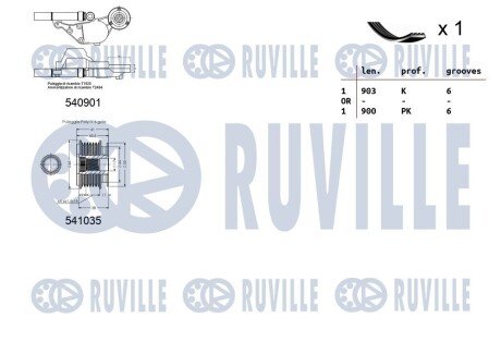 VW К-кт ГРМ (шків генератора+натяжний пристрій+ ремінь) GOLF IV (1J1) 1.9 TDI 97-04, AUDI A3 (8L1) 1.9 TDI 96-01 ruville 570165