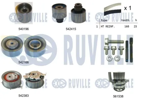 RUVILLE VW К-кт ремня ГРМ (ремень+4 ролика +помпа воды) Golf, Passat, Skoda, Audi 1.6/2.0TDI 08- Ruville 5503351