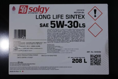 Олива моторна LONG LIFE SINTEX 5W-30 LS (208 L) solgy 504048