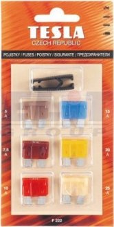 Предохранитель Евро (к-т 6 шт. 5A, 7,5A, 10A, 15A, 20A, 25A) с пинцетом, бл. уп. tesla F222 на Пежо 206