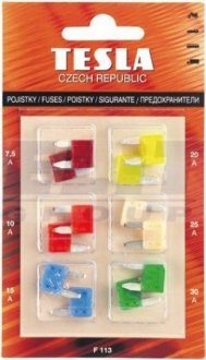 Предохранитель мини (к-т 12 шт. 7,5А - 2 шт., 10A - 2 шт., 15A - 2 шт., 20A - 2 шт. 25A - 2 шт. 30A - 2 шт.) бл. уп. tesla F113
