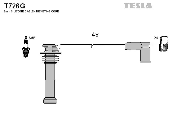 Провод высоковольтный FORD/MAZDA FIESTA/FOCUS/MONDEO/TRANSIT/121 1.4/1.6/1.8/2.0, к-т Tesla T726G (фото 1)