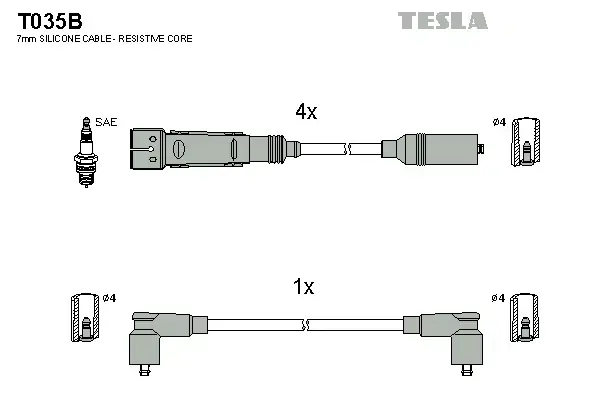 Провод высоковольтный VW/SEAT CORDOBA/IBIZA/CADDy/GOLF/JETTA/PASSAT/POLO/SCIROCCO 1.6/1.8, к-т Tesla T035B (фото 1)