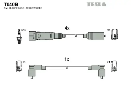 Провод высоковольтный VW/SEAT GOLF/PASSAT/IBIZA/TOLEDO 1.8/2.0, к-т Tesla T040B