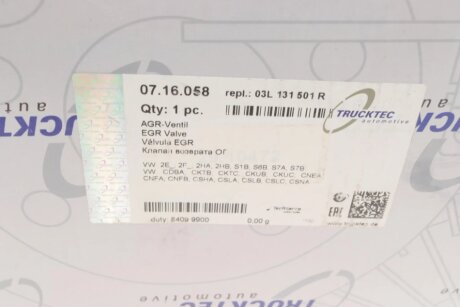 Клапан EGR trucktec Automotive 0716058