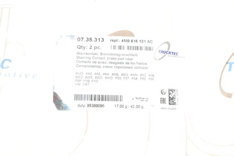 Датчик зносу гальмівних колодок trucktec Automotive 0735313
