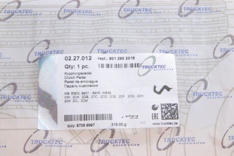 Педаль сцепления, 95-00 trucktec Automotive 0227012