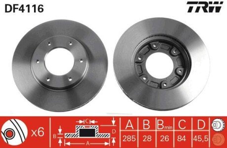 Вентильований гальмівний диск trw automotive DF4116 на Тойота Хайс