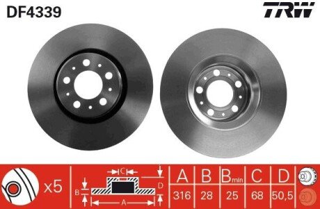 Вентильований гальмівний диск trw automotive DF4339 на Вольво S60