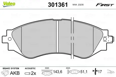 Передние тормозные колодки valeo phc ""301361"
